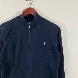 Ralph Lauren Full Zip Fitted Sweatshirt Funnel Collar Black White Pony Logo Lg
